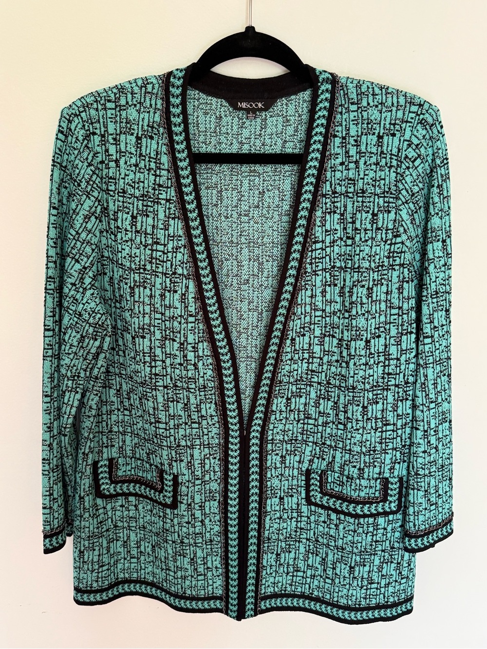 Misook Teal and Black Open-Front Knit Blazer L